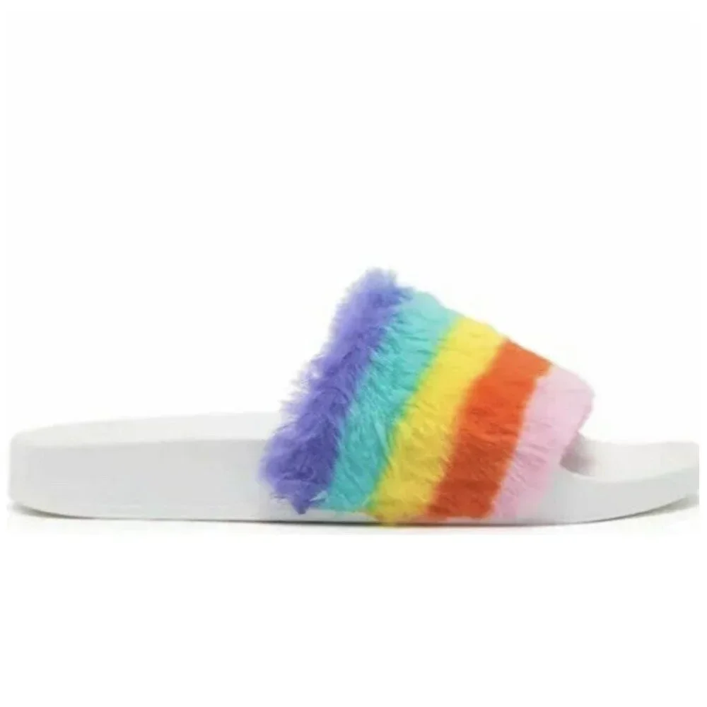 Steve Madden Rainbow Girls Kids Faux Fur Slippers Sandals Slides Size 4 New